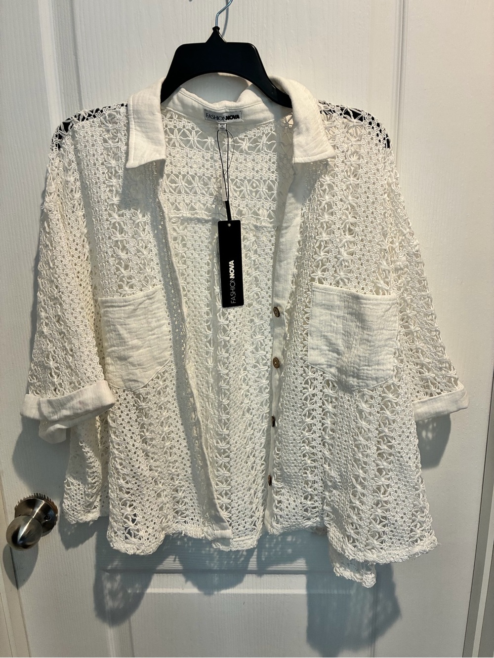 Fashion Nova White Crochet Button-Down Shirt Jacket
